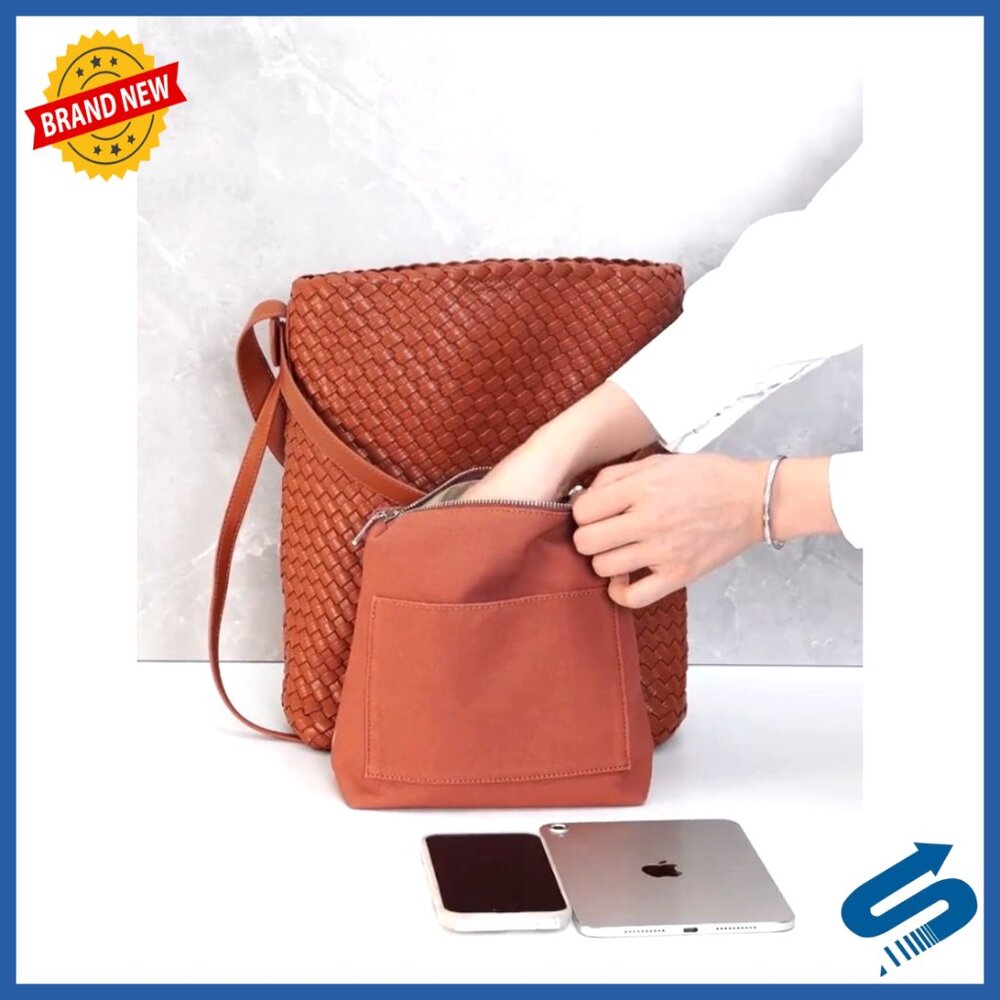 Large Woven Tote Vegan Leather Shoulder Bag Fashion Travel Shopper Handbag Purse - Picture 6 of 6